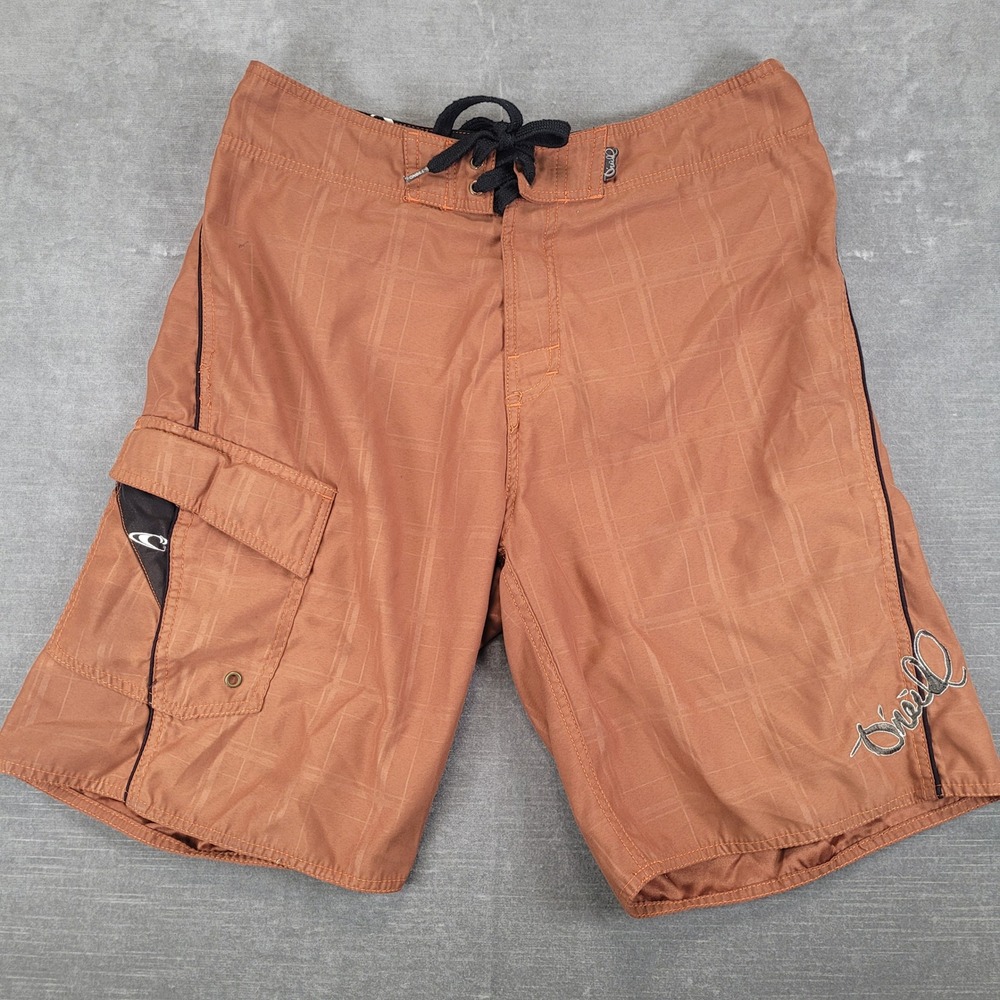 ONeill Mens Y2K Board Shorts Rust Orange‎ Grid Pattern Cargo Pocket Swim Trunks